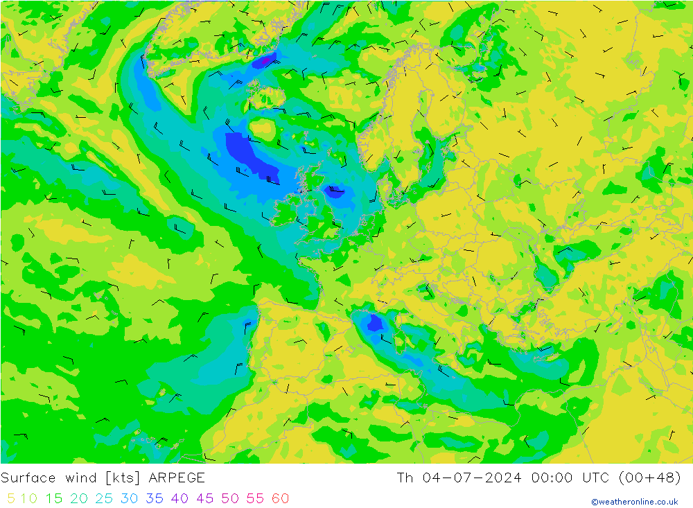 风 10 米 ARPEGE 星期四 04.07.2024 00 UTC