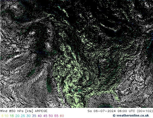 Wind 850 hPa ARPEGE za 06.07.2024 06 UTC
