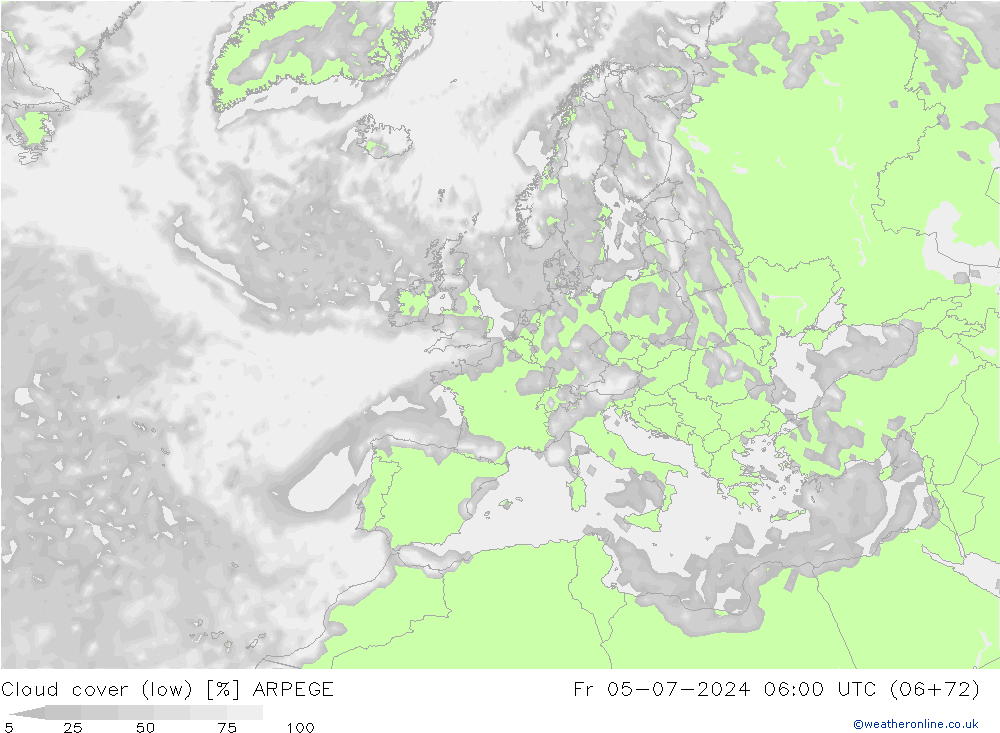 Bewolking (Laag) ARPEGE vr 05.07.2024 06 UTC