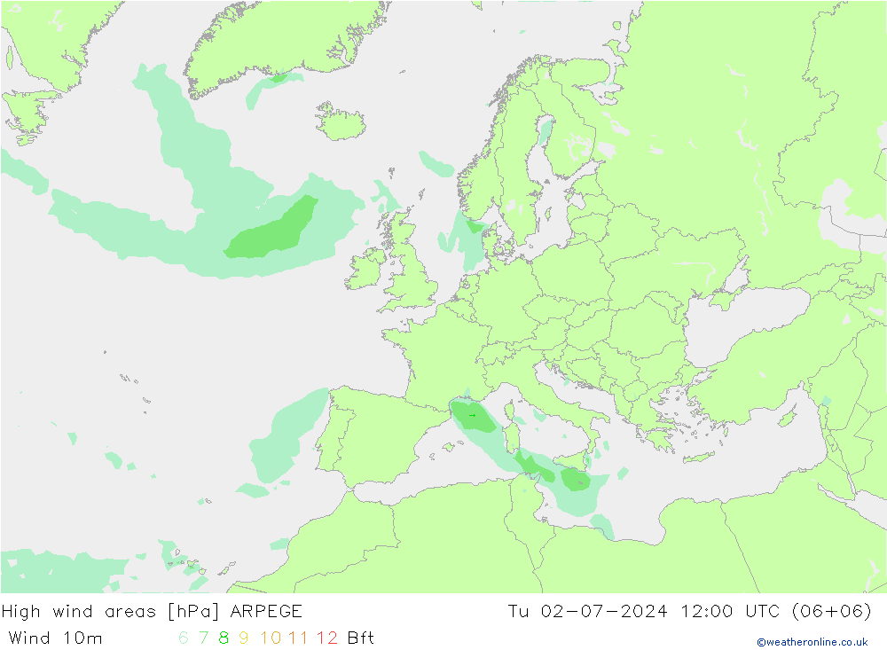 High wind areas ARPEGE 星期二 02.07.2024 12 UTC