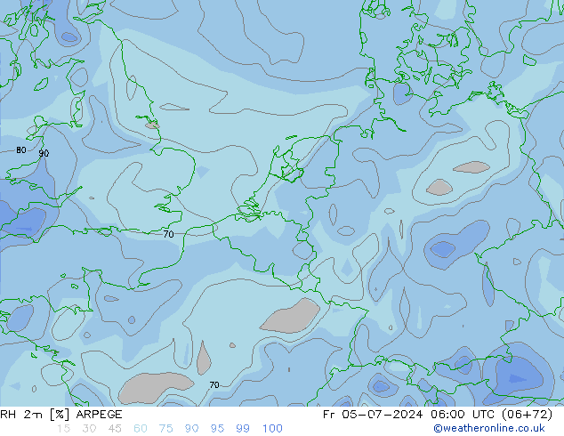 RH 2m ARPEGE 星期五 05.07.2024 06 UTC