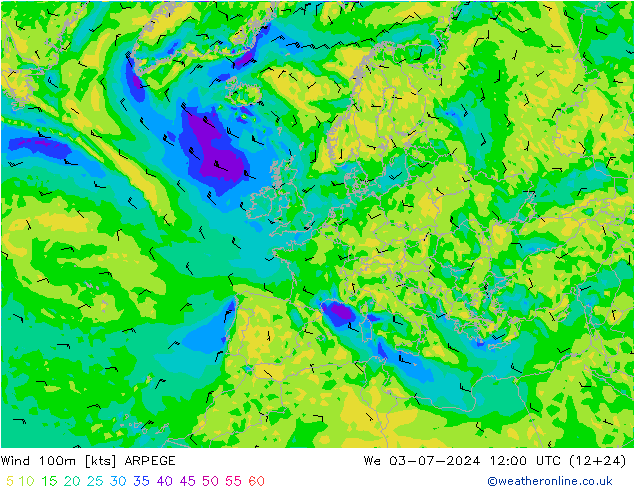 风 100m ARPEGE 星期三 03.07.2024 12 UTC