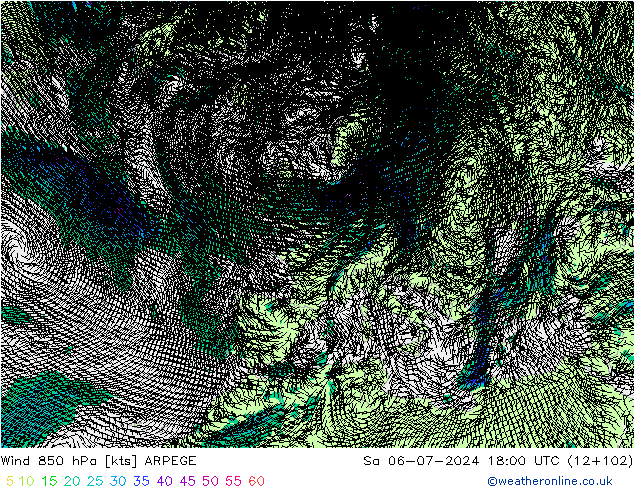Wind 850 hPa ARPEGE za 06.07.2024 18 UTC
