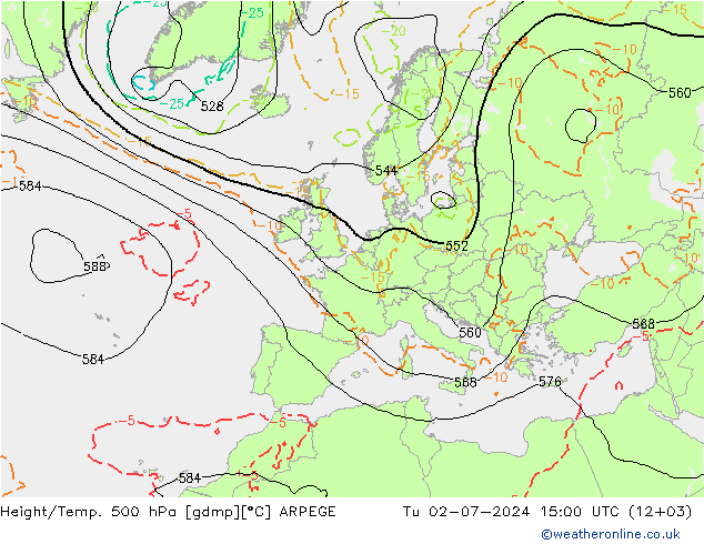 Hoogte/Temp. 500 hPa ARPEGE di 02.07.2024 15 UTC