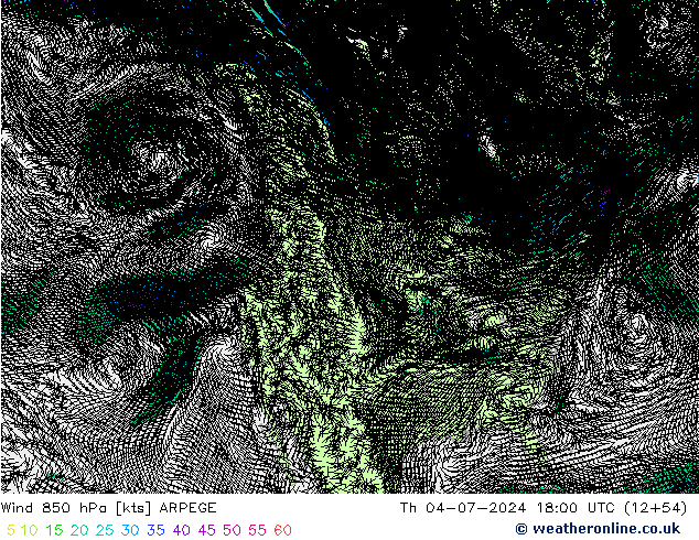 风 850 hPa ARPEGE 星期四 04.07.2024 18 UTC