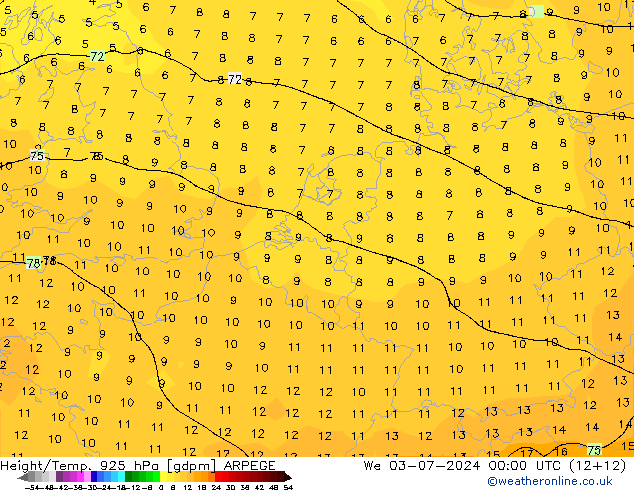 Hoogte/Temp. 925 hPa ARPEGE wo 03.07.2024 00 UTC