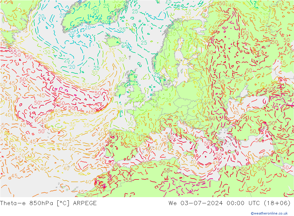 Theta-e 850hPa ARPEGE 星期三 03.07.2024 00 UTC