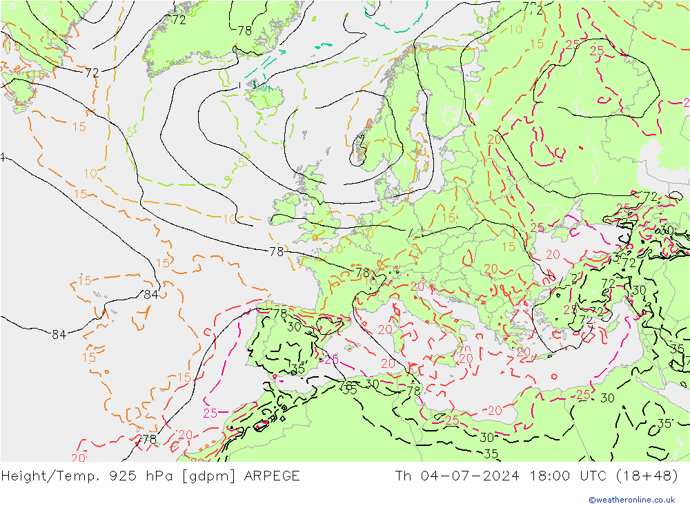 Hoogte/Temp. 925 hPa ARPEGE do 04.07.2024 18 UTC