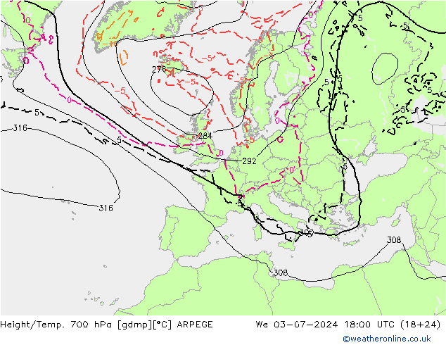 Hoogte/Temp. 700 hPa ARPEGE wo 03.07.2024 18 UTC