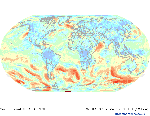 �N 10 米 (bft) ARPEGE 星期三 03.07.2024 18 UTC