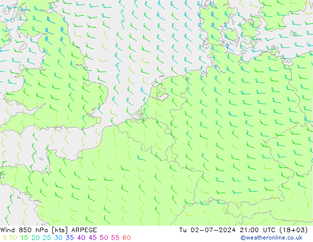 Wind 850 hPa ARPEGE Tu 02.07.2024 21 UTC