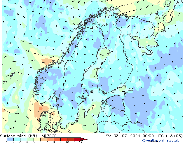 Wind 10 m (bft) ARPEGE wo 03.07.2024 00 UTC