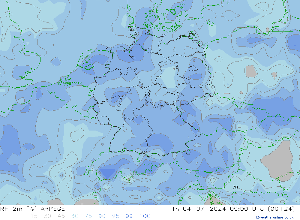 RH 2m ARPEGE 星期四 04.07.2024 00 UTC