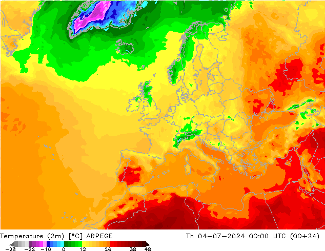 Temperatuurkaart (2m) ARPEGE do 04.07.2024 00 UTC