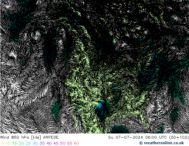 Wind 850 hPa ARPEGE zo 07.07.2024 06 UTC