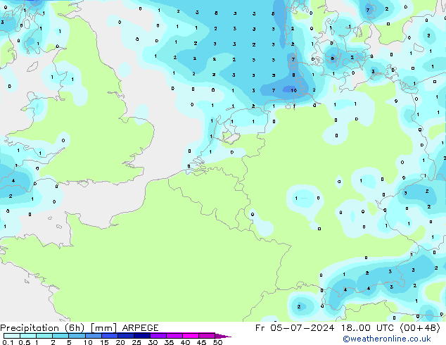 降水量 (6h) ARPEGE 星期五 05.07.2024 00 UTC