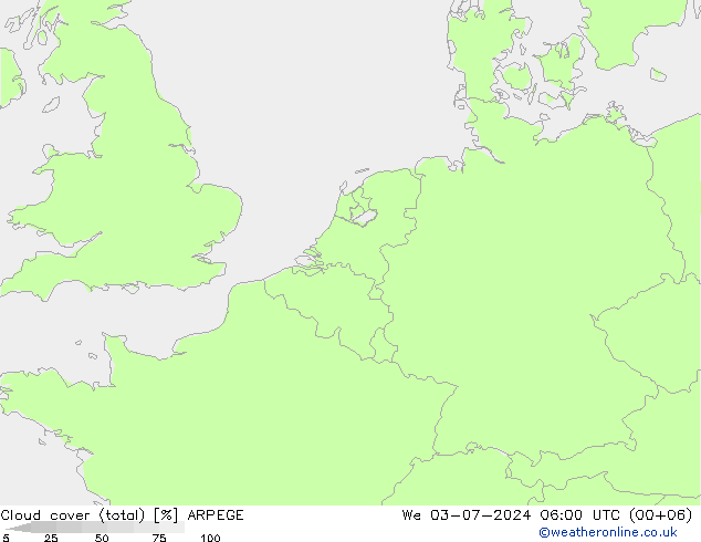 Bewolking (Totaal) ARPEGE wo 03.07.2024 06 UTC
