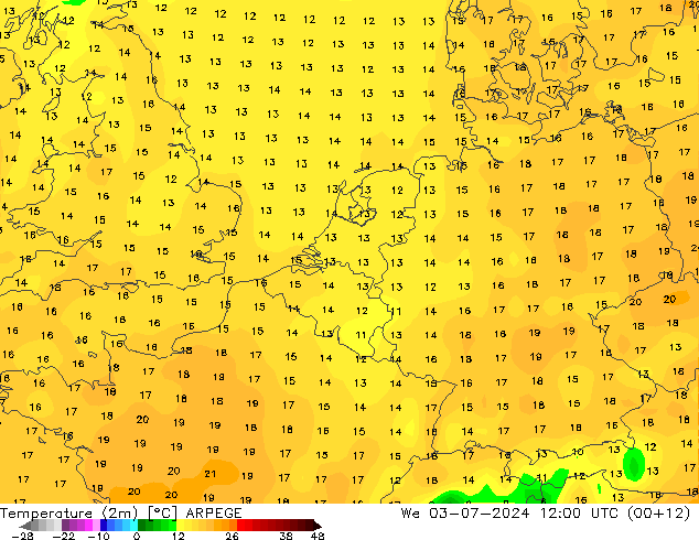 Temperatuurkaart (2m) ARPEGE wo 03.07.2024 12 UTC