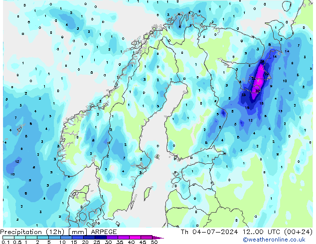 Totale neerslag (12h) ARPEGE do 04.07.2024 00 UTC