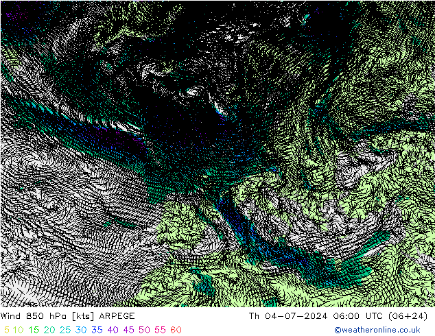 Wind 850 hPa ARPEGE do 04.07.2024 06 UTC
