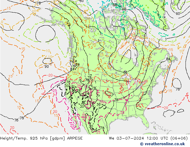 Hoogte/Temp. 925 hPa ARPEGE wo 03.07.2024 12 UTC