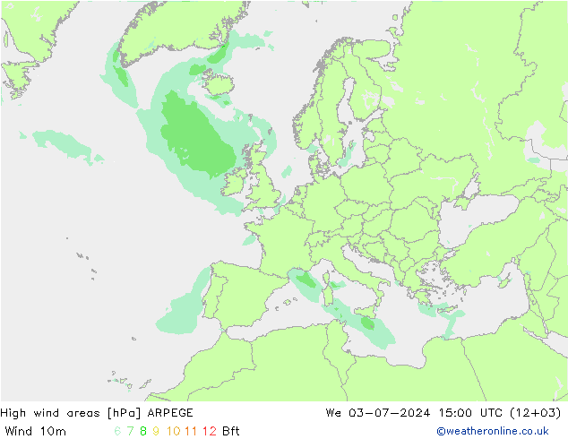 High wind areas ARPEGE 星期三 03.07.2024 15 UTC