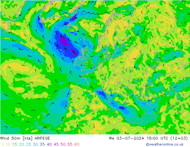 Wind 50 m ARPEGE wo 03.07.2024 15 UTC