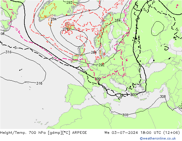 Hoogte/Temp. 700 hPa ARPEGE wo 03.07.2024 18 UTC