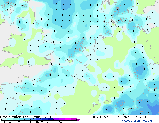 降水量 (6h) ARPEGE 星期四 04.07.2024 00 UTC