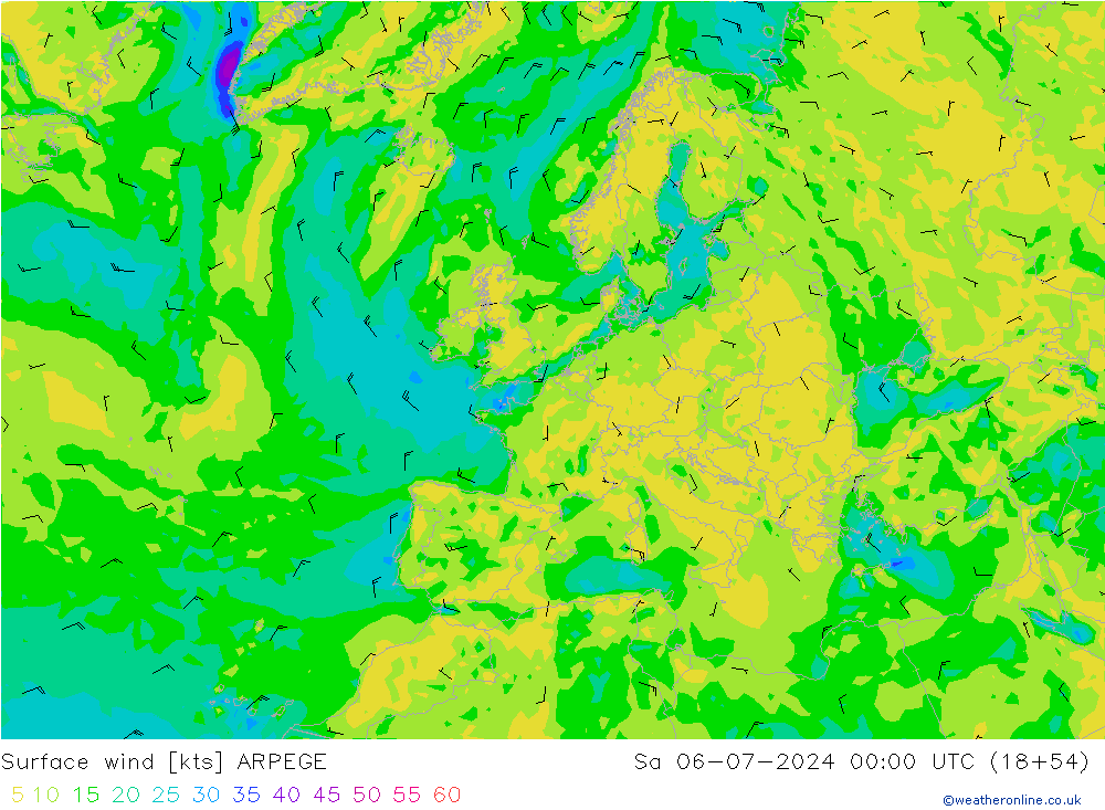 Wind 10 m ARPEGE za 06.07.2024 00 UTC