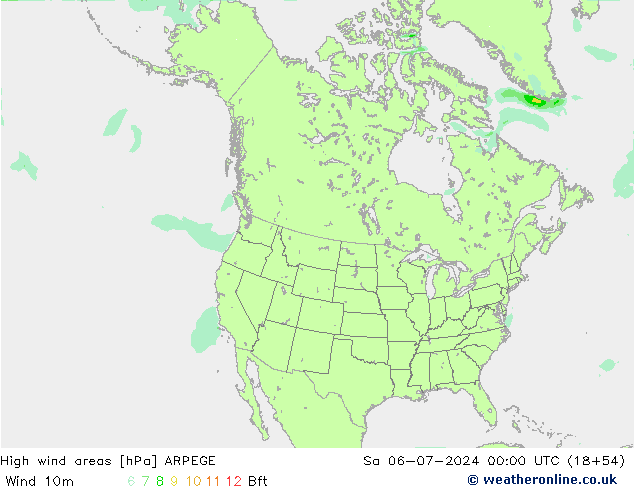 High wind areas ARPEGE 星期六 06.07.2024 00 UTC