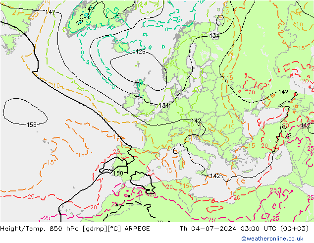 Height/Temp. 850 hPa ARPEGE 星期四 04.07.2024 03 UTC
