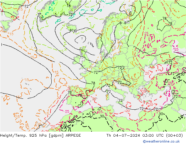 Height/Temp. 925 hPa ARPEGE 星期四 04.07.2024 03 UTC