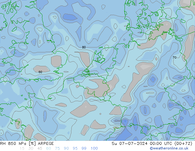 RH 850 hPa ARPEGE 星期日 07.07.2024 00 UTC