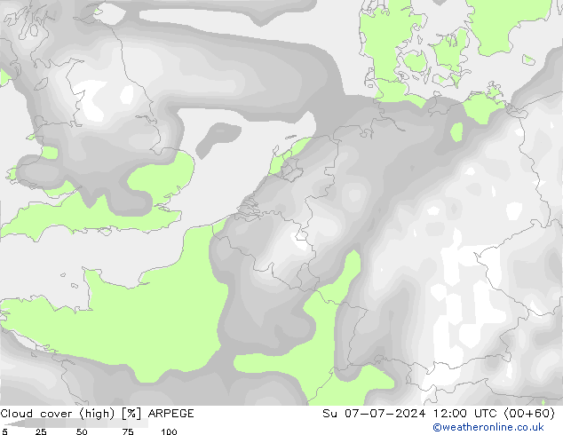 Bewolking (Hoog) ARPEGE zo 07.07.2024 12 UTC