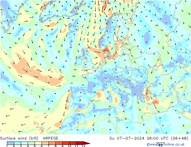 Wind 10 m (bft) ARPEGE zo 07.07.2024 06 UTC