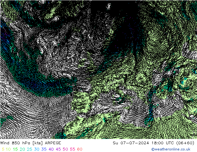 Wind 850 hPa ARPEGE zo 07.07.2024 18 UTC