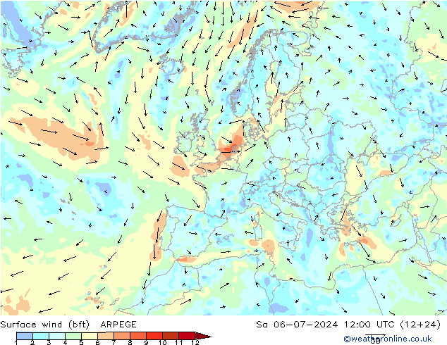 Wind 10 m (bft) ARPEGE za 06.07.2024 12 UTC