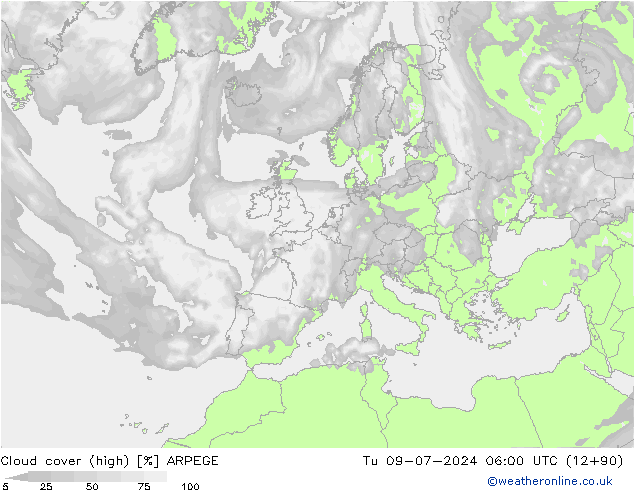 Bewolking (Hoog) ARPEGE di 09.07.2024 06 UTC