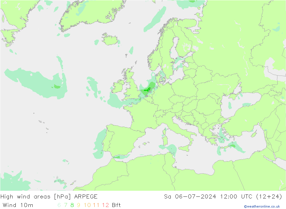 High wind areas ARPEGE 星期六 06.07.2024 12 UTC