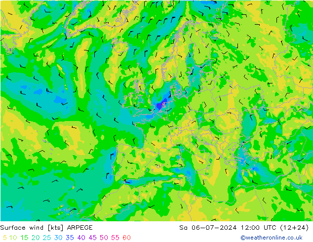 Wind 10 m ARPEGE za 06.07.2024 12 UTC