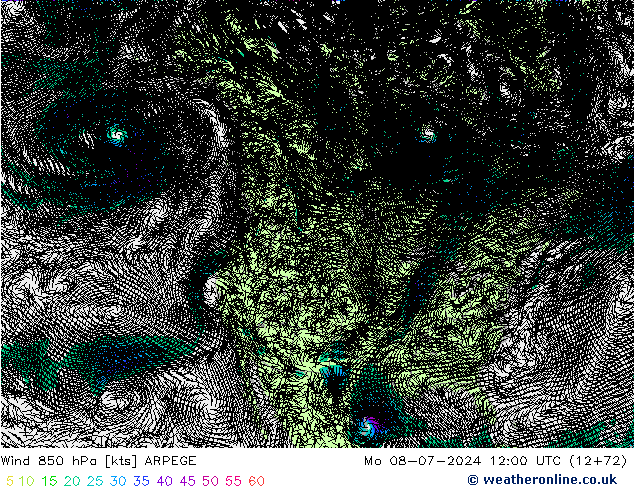 风 850 hPa ARPEGE 星期一 08.07.2024 12 UTC
