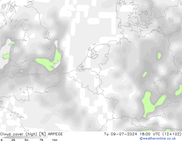 Bewolking (Hoog) ARPEGE di 09.07.2024 18 UTC
