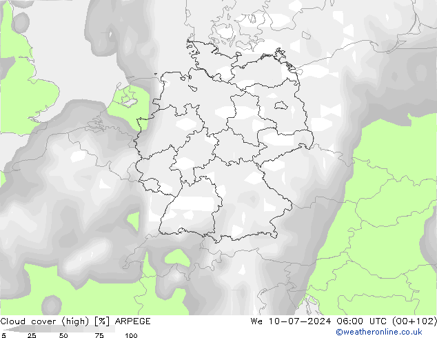 Bewolking (Hoog) ARPEGE wo 10.07.2024 06 UTC
