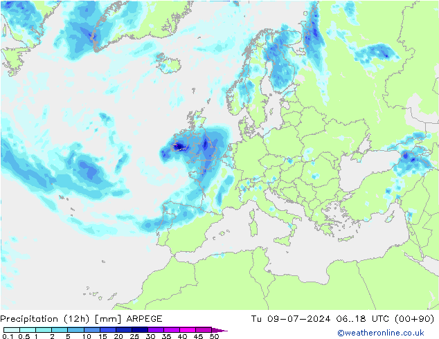 降水量 (12h) ARPEGE 星期二 09.07.2024 18 UTC