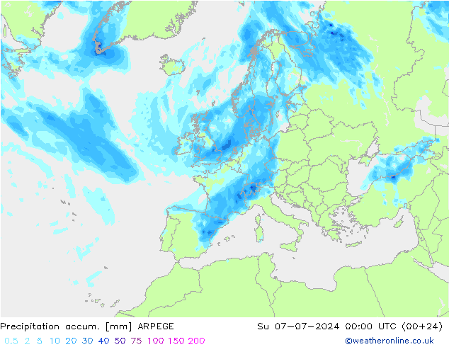 Totale neerslag ARPEGE zo 07.07.2024 00 UTC