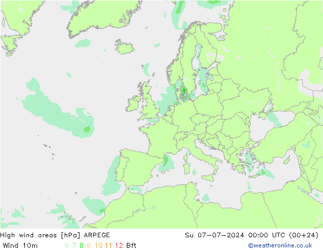 High wind areas ARPEGE 星期日 07.07.2024 00 UTC