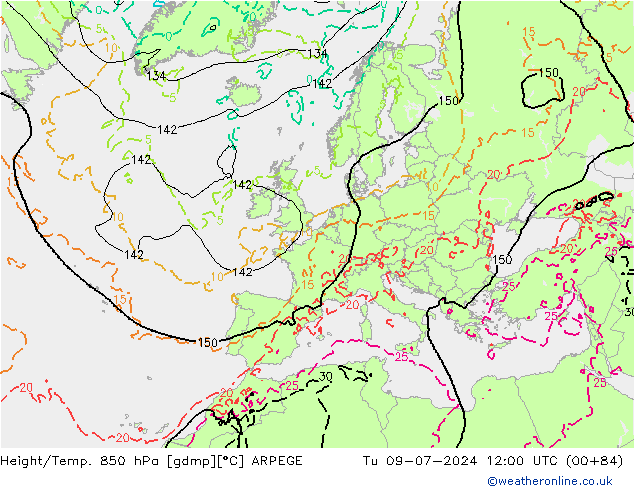 Hoogte/Temp. 850 hPa ARPEGE di 09.07.2024 12 UTC