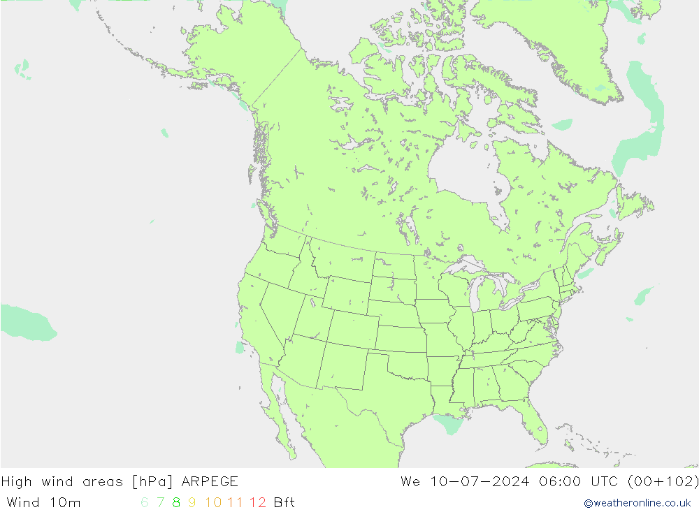 High wind areas ARPEGE 星期三 10.07.2024 06 UTC