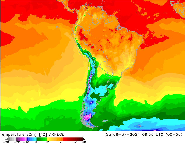 温度图 ARPEGE 星期六 06.07.2024 06 UTC